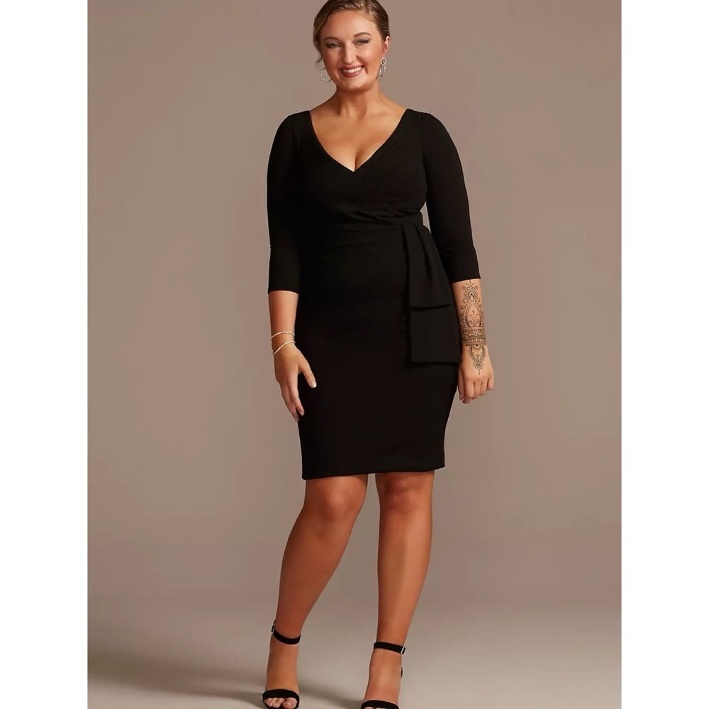 ❤️ Oleg Cassini Black Stretch Jersey Cascade Faux Wrap Style Dress